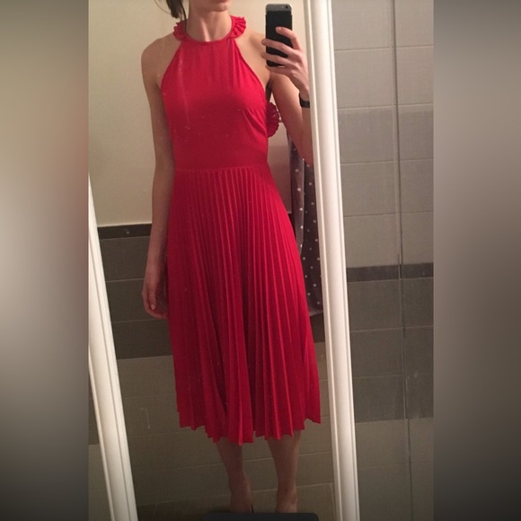 ASOS TALL Red Pleated Midi Dress With Ruffle Open Back Size 6 - Picture 1 of 9